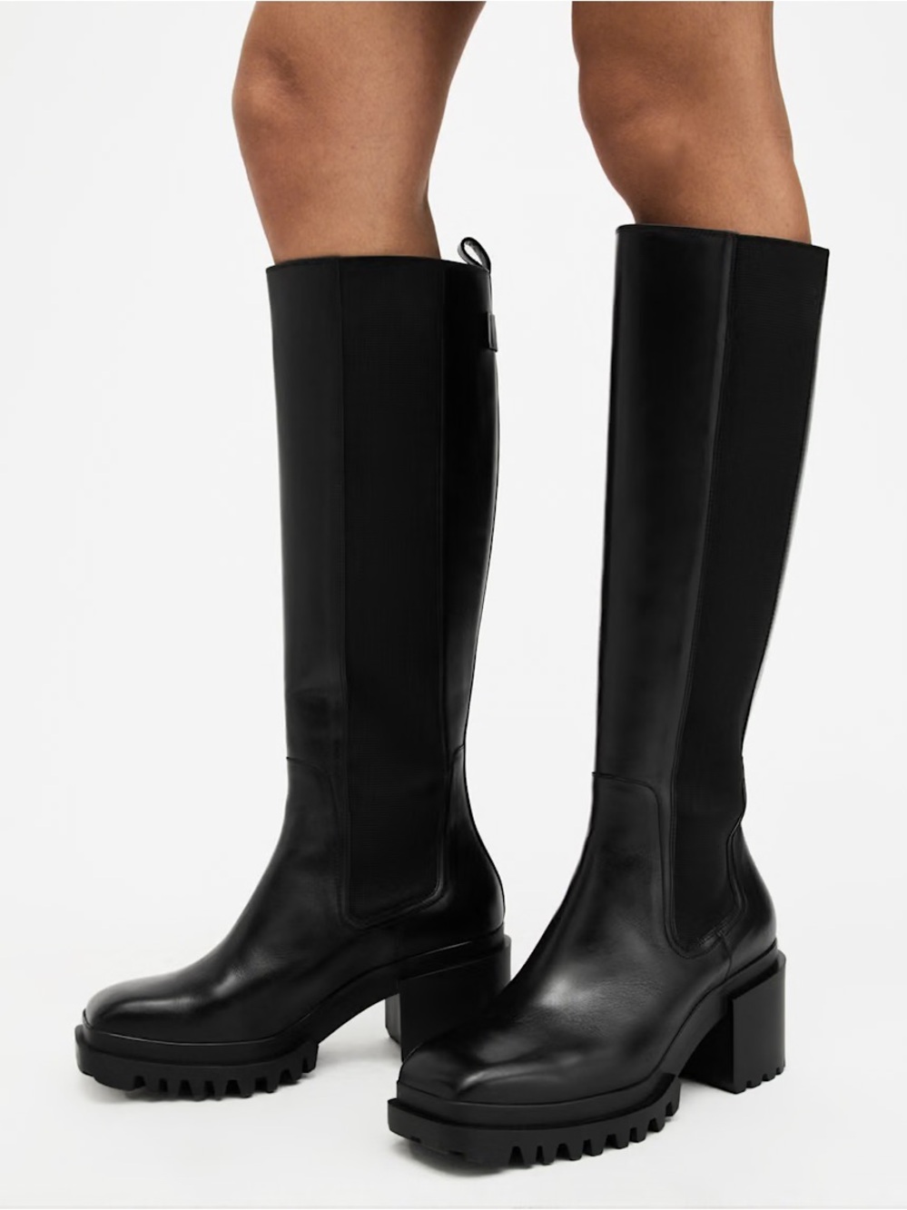 All Saints Natalia Women's Black Knee-High Chunky Heel Leather Boots Size 9